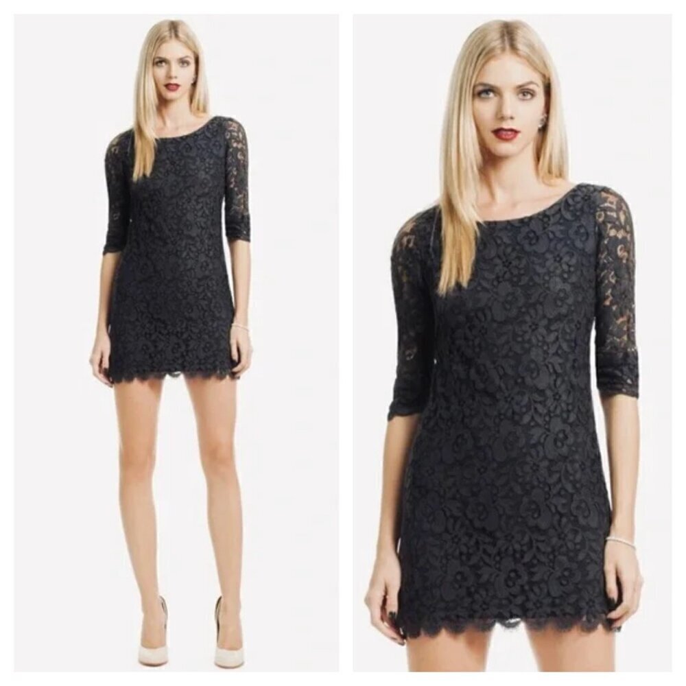 Shoshanna Daphne Floral Lace Mini Dress Scallop Hem Stretch Black Navy Blue 12